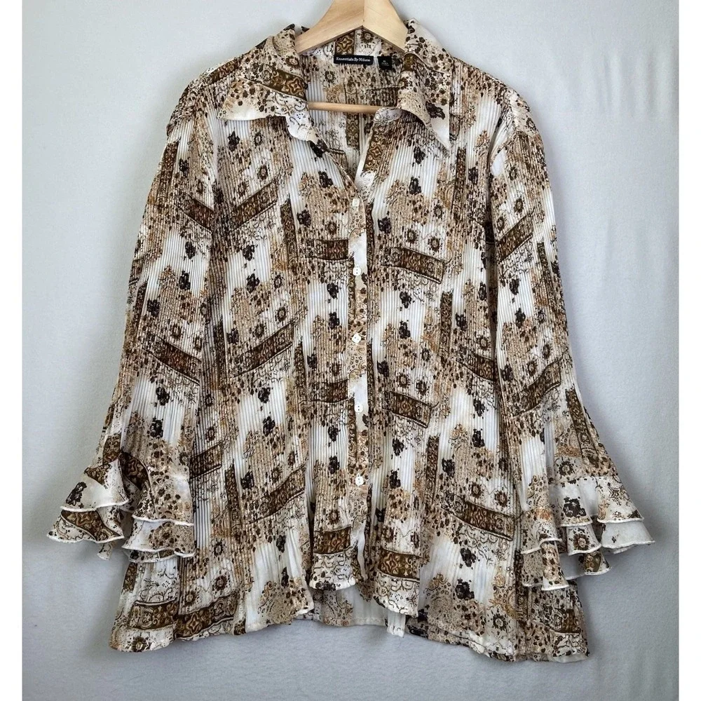 Essentials By Milano Top Womens Size XL  Pleated Bell Sleeve Button Up